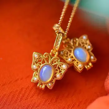 Oryginalny design kamień Księżycowy motyl pusty naszyjnik wisiorek chiński styl antyczne złoto rzemiosło Urok kobiet srebro biżuteria