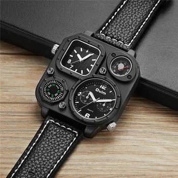 Oulm Black Classic Sport Watch Two Time Zone Męskie kwarcowy zegarek ozdobny kompas dorywczo mężczyzna zegarka