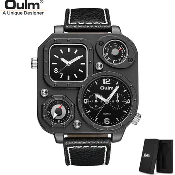 Oulm Black Classic Sport Watch Two Time Zone Męskie kwarcowy zegarek ozdobny kompas dorywczo mężczyzna zegarka