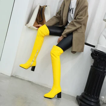 Oversize lakierowane skórzane boczne zamki cukierki kolor kolorowe buty do kolan PU gruby obcas wysoki rurka żółto-zielony nad kolanem buty