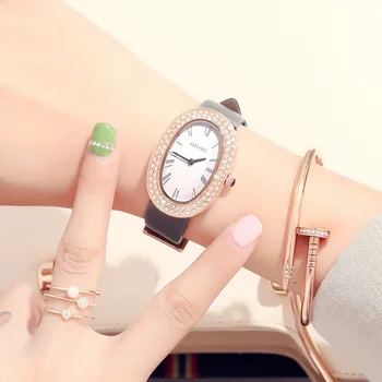 Owalny Koreański Styl Osobowości Zegarek Damski Pasek Ze Skóry Naturalnej Trendy Studenci Diamentowe Zegarki Luksusowe Reloj Mujer