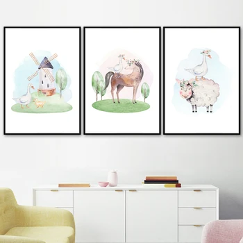 Owca, Koń, Kaczka, Kurczak Dziecięcy Malowanie Ścian Płótno Malarstwo Rysunek Skandynawskie Plakaty I Reprodukcje Ścienne Obrazy Baby Kids Room Decor