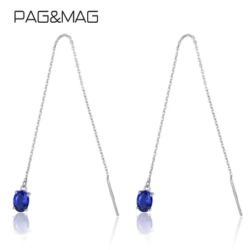 PAG&MAG Created Oval Sapphire Tassle Kolczyki Sterling Silver 925 Chain Link Long Drop Earrings Charm Statement Jewelry SE0144