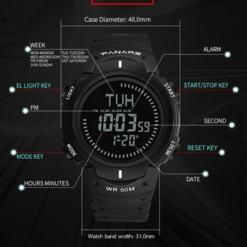 PANARS Outdoor Sport cyfrowe męski zegarek z kompasem elektroniczny zegarek męski chronograf odliczanie zegar budzik 8208