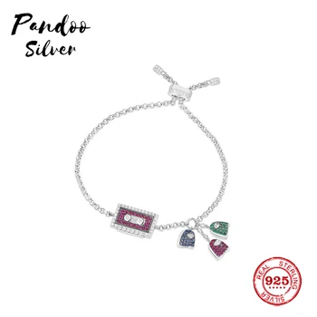 Pandoo Fashion Sterling Silver Charm Copy 1:1 Copy Silver 80S Cassette Bracelet Women Luxury Jewelry Gift