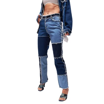 Patchwork Wąskie Proste Nogi Dżinsy Kobieta Wysoka Talia Z Kieszeniami Seksowny Kolor Bloku Damskie Jeans Spodnie Jeansowe Niebieskie Spodnie