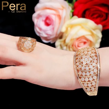 Pera Brilliant Dubai Gold Wedding Flower Micro Pave CZ Women Jewelry luksusowe duże okrągłe bransoletki i pierścionki komplety dla narzeczonych Z049