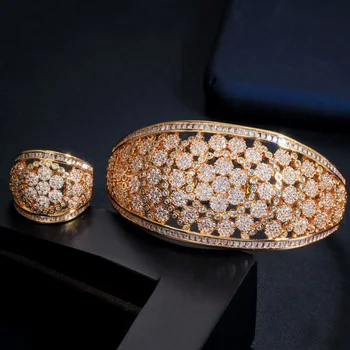 Pera Brilliant Dubai Gold Wedding Flower Micro Pave CZ Women Jewelry luksusowe duże okrągłe bransoletki i pierścionki komplety dla narzeczonych Z049