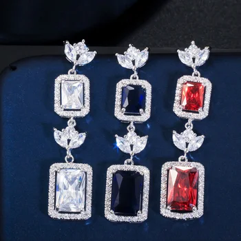 Pera Princess Cut White CZ Bridal Square Long Drop kolczyki i naszyjnik łańcuch biżuteria zestawy do ślubnego garnituru akcesoria J294