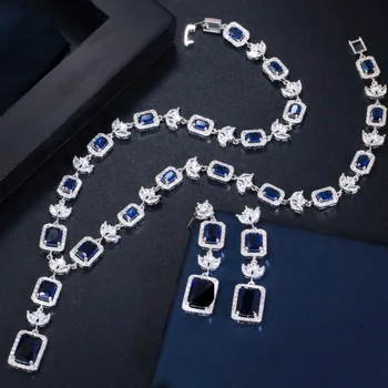 Pera Princess Cut White CZ Bridal Square Long Drop kolczyki i naszyjnik łańcuch biżuteria zestawy do ślubnego garnituru akcesoria J294