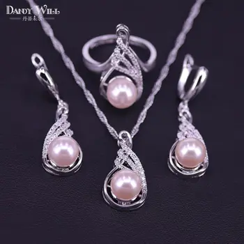 Pink pearl Cyrkon biżuteria kolor srebrny pierścionek wisiorek naszyjnik kolczyki dla kobiet designerski zestaw biżuterii pudełko