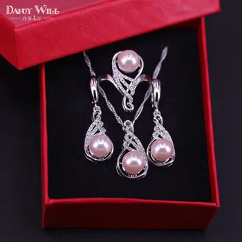 Pink pearl Cyrkon biżuteria kolor srebrny pierścionek wisiorek naszyjnik kolczyki dla kobiet designerski zestaw biżuterii pudełko