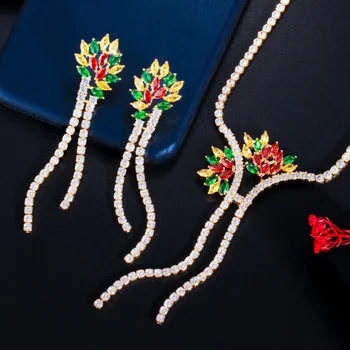 Pióra elegancki kolorowy kwiat sześciennych cyrkon długi okrągły CZ kutas spadek ślub suknia naszyjnik zestaw biżuterii dla narzeczonych J376
