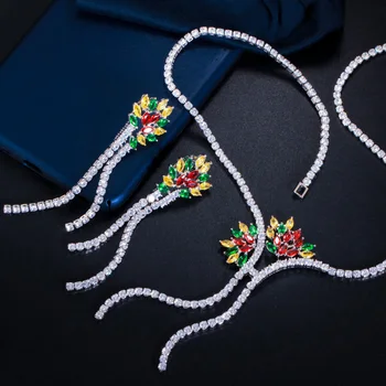Pióra elegancki kolorowy kwiat sześciennych cyrkon długi okrągły CZ kutas spadek ślub suknia naszyjnik zestaw biżuterii dla narzeczonych J376