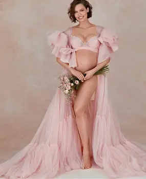 Piękne różowe sukienki dla kobiet w ciąży luksusowe falbanki kobiety w ciąży sukienka dla fotosesja boudoir bielizna szlafroki bielizna nocna dla Dzieci prysznic