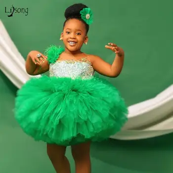 Piękne Zielone Krótkie Falbanki Koronki Dziecko Dress Bujne Mini Kwiatowe Sukienki Dla Dziewczynek Błyszczące Cekiny Linkę Dziewczyny Sukienki Świąteczne