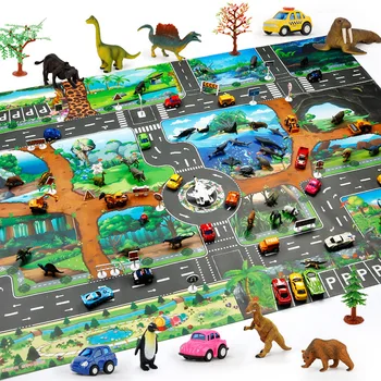Plac mapa parku dinozaurów 130X100CM chłopcy dziewczęta figurki zabawki mapa parkowania samochodu edukacyjna mapa przenośna mata składana podkładka pod mysz