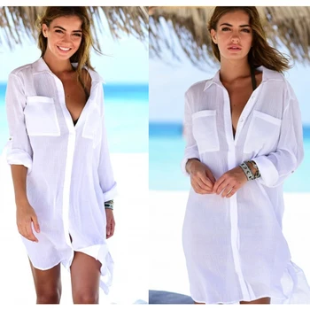 Plaża Cover Ups dla kobiet strój kąpielowy Cover up przycisk kieszeni szlafrok stroje kąpielowe stroje kąpielowe sweter tuniki Saida de Praia