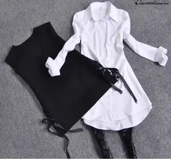 Plus rozmiar 3XL! Dwie części zestawy dla kobiet, biała koszula z długim rękawem +kamizelka wiosna jesień