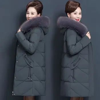 Plus rozmiar 7XL w średnim wieku zimowa kurtka damska z kapturem futro kołnierz kurtka długa damska w dół płaszcz damska zimowa kurtka i płaszcz