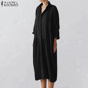 Plus rozmiar kaftan stałe sukienka koszula damska jesień sukienkę ZANZEA 2021 casual długi rękaw Midi Vestidos damski szlafrok na guziki Femm