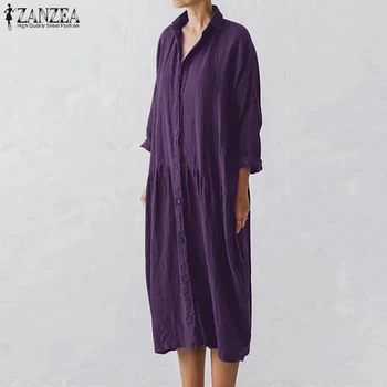 Plus rozmiar kaftan stałe sukienka koszula damska jesień sukienkę ZANZEA 2021 casual długi rękaw Midi Vestidos damski szlafrok na guziki Femm