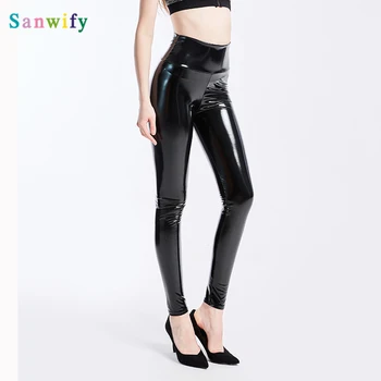Plus rozmiar XXXL kobiety czarne legginsy Sexy Wysoka Talia elastyczna skóra syntetyczna wąskie spodnie błyszczący wygląd legginsy