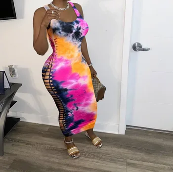 Plus-size kobiety afrykańskie długie sukienki Sexy hollow sukienkę bez rękawów krawat barwnik drukowanych czołg bez ramiączek letni strój sukienka maxi