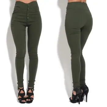 Plus-Size Kobiety Wysokiej Talii Cienki Elastyczny Przycisk Legginsy Lady Dziewczyny Slim Fit Stylowy Damski Czarny/Army Zielony/Brązowy Długie Spodnie