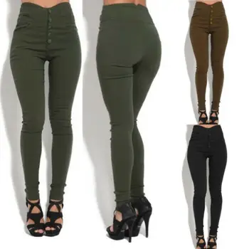 Plus-Size Kobiety Wysokiej Talii Cienki Elastyczny Przycisk Legginsy Lady Dziewczyny Slim Fit Stylowy Damski Czarny/Army Zielony/Brązowy Długie Spodnie