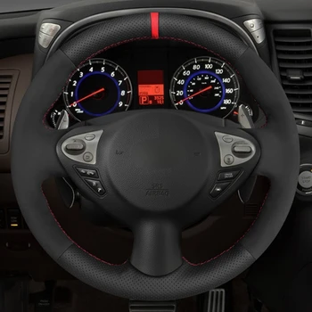 Pokrywa koła kierownicy samochodu czarna skóra naturalna zamsz dla Infiniti FX FX35 FX37 FX50 2009-2013 QX70 Nissan 370Z Note (wielka Brytania)