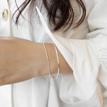 Prawdziwe srebro próby 925 bransoletka kostki panie minimalistyczny podwójna warstwa Srebrna wąż łańcuch dla kobiet biżuteria wykwintne biżuteria