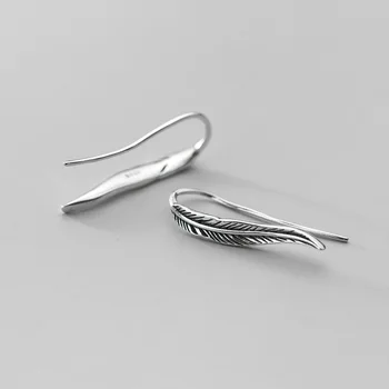 Prawdziwe srebro próby 925 rocznika pióro ucha wspinacz kolczyki retro długie ucha śledzone klip kolczyki dla kobiet