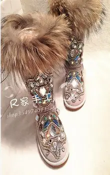 Prawdziwy Lisie futro futrzane buty zimowe rhinestone Diament moda rakiety śnieżne grube ciepłe wysokie buty damskie duży rozmiar 40