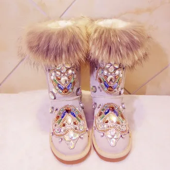 Prawdziwy Lisie futro futrzane buty zimowe rhinestone Diament moda rakiety śnieżne grube ciepłe wysokie buty damskie duży rozmiar 40