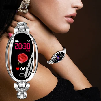 Proker New Women Girl Crystal Luxury Smart Watch Krokomierz Sportowe Zegarek Bransoletka Monitor Rytmu Serca Wodoodporny Zegarek E68
