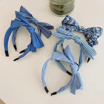 PROLY New Fashion Women Hair Accessories Blue Denim Opcje Big Bow Knot Hairband Summer Turban For Adult Headwear