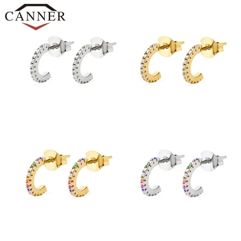 Prosty 925 srebro próby jednorzędowe Cyrkon C-typu mini-kolczyki pręta dla kobiet Rainbow Crystal panie kolczyki moda biżuteria