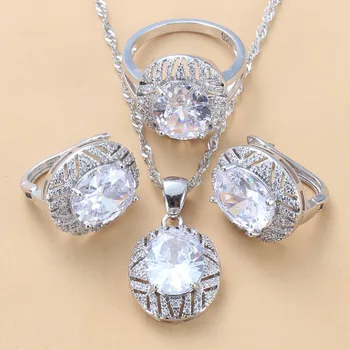Prosty, Owalny, naturalny, biały CZ akcesoria w kolorze srebrnym, duże zestawy biżuterii dla kobiet ślubne obrączki ślubne zestawy
