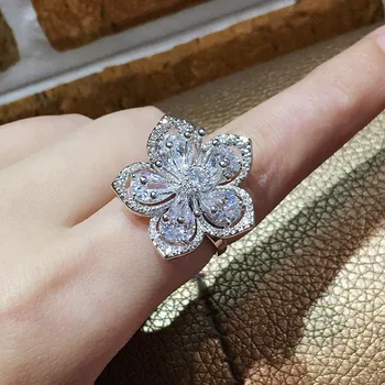 Przesadzone stałe pierścienie 925 srebro dla kobiet temperament duży kwiat Bling Cyrkon ślub zaręczynowy pierścień wykwintne biżuteria