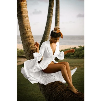 Przycisk Strój Kąpielowy Przykryć Kobiety Sexy Szyfon Plaża Długa Sukienka Jednolity Plaża Przycisk Sweter Strój Kąpielowy Przykryć Pareo Playa