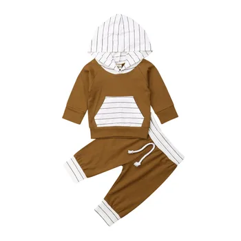 PUDCOCO niemowlę chłopiec dziewczynka w paski z kapturem, bluzki+spodnie dla dzieci strój odzież zimowa zestaw pomocy Hurtownia