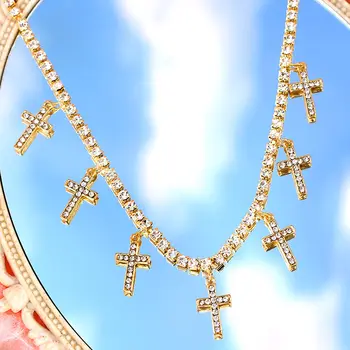Punk hip-hop krzyż Kryształ naszyjnik Naszyjnik dla kobiet złoty kolor genialny rhinestone tenisa łańcuch naszyjnik moda biżuteria prezent