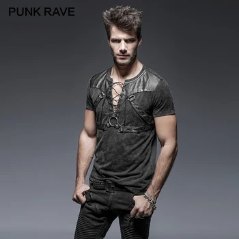 PUNK RAVE Steampunk Black Soilder Man otwarty kołnierz z krótkim rękawem, bawełniana koszulka Heavy Metal, Rock Top z krótkim rękawem koszulki związane sznurem