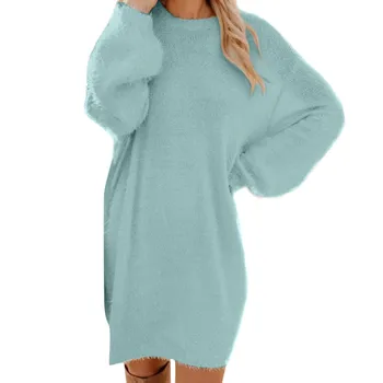 Puszysty zimowy sweter sukienka kobiety temat dzianiny długie swetry modne topy sweter sweterek stałe d91010