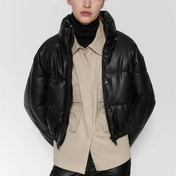 PUWD Casual Woman oversize Leather Coats Cotton 2020 Fashion Ladies ciepłe, zimowe kurtki z kołnierzem damska kurtka na sznurku