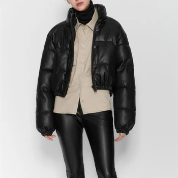 PUWD Casual Woman oversize Leather Coats Cotton 2020 Fashion Ladies ciepłe, zimowe kurtki z kołnierzem damska kurtka na sznurku