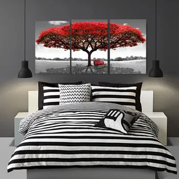 Płótno Malarstwo Modułowa Rama Malarstwo Ścienne Sztuka Home Decor 3 Paski Czerwone Drzewo Do Salonu Nowoczesny Typ Druku