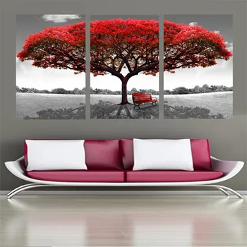 Płótno Malarstwo Modułowa Rama Malarstwo Ścienne Sztuka Home Decor 3 Paski Czerwone Drzewo Do Salonu Nowoczesny Typ Druku