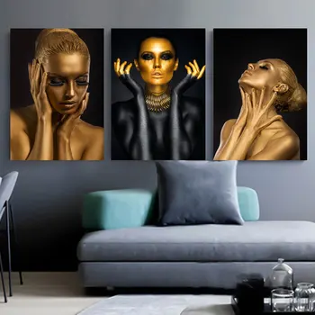 Płótno Malarstwo ścienne, malarstwo moda Afryki złoty czarny kobiety plakaty drukuje dzieło sztuki dla skandynawskiego modułowego domowego wystroju salonu